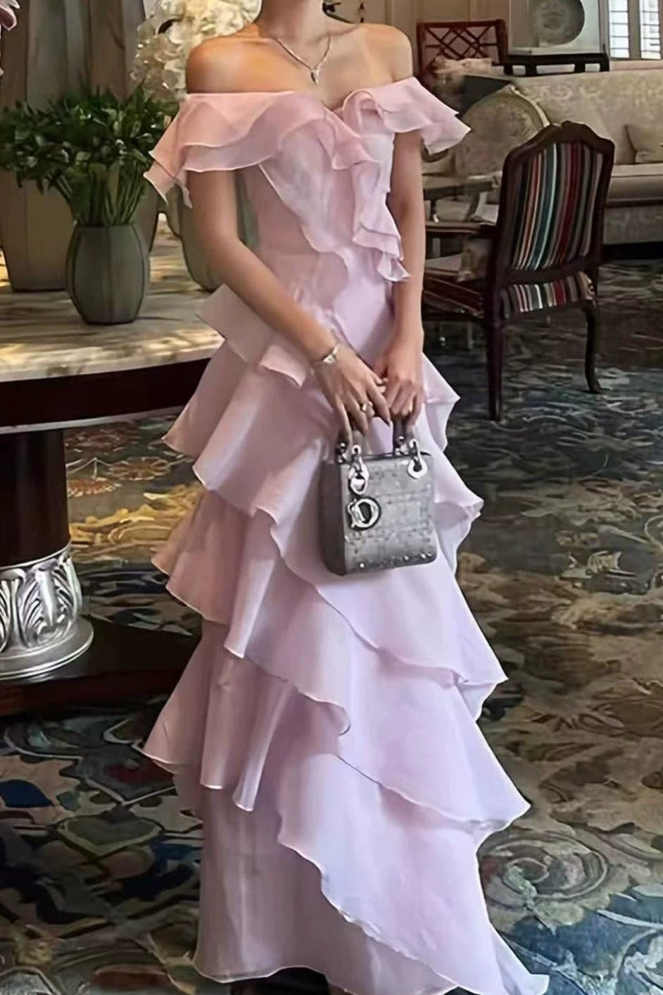 Off Shoulder Ruffled Maxi Evening Dress