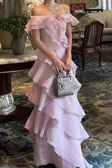 Off Shoulder Ruffled Maxi Evening Dress
