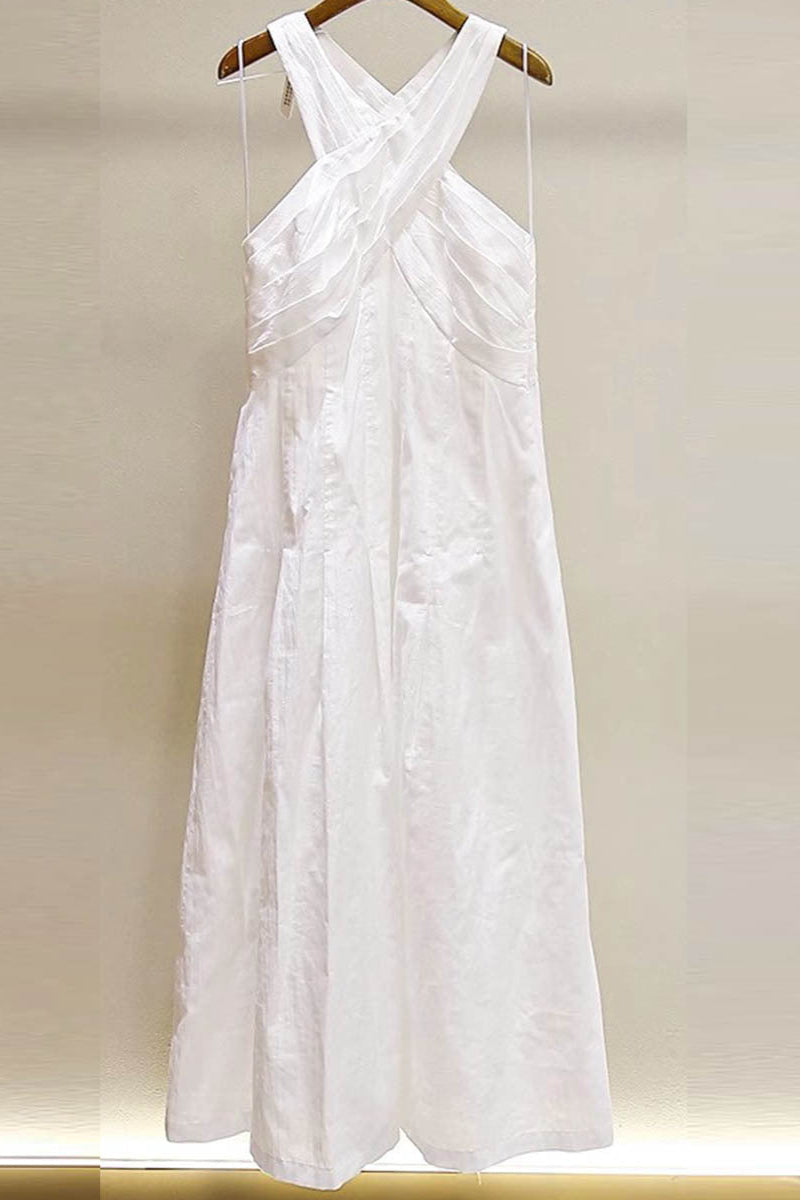 High Crossover V-Neck Maxi Dress in White