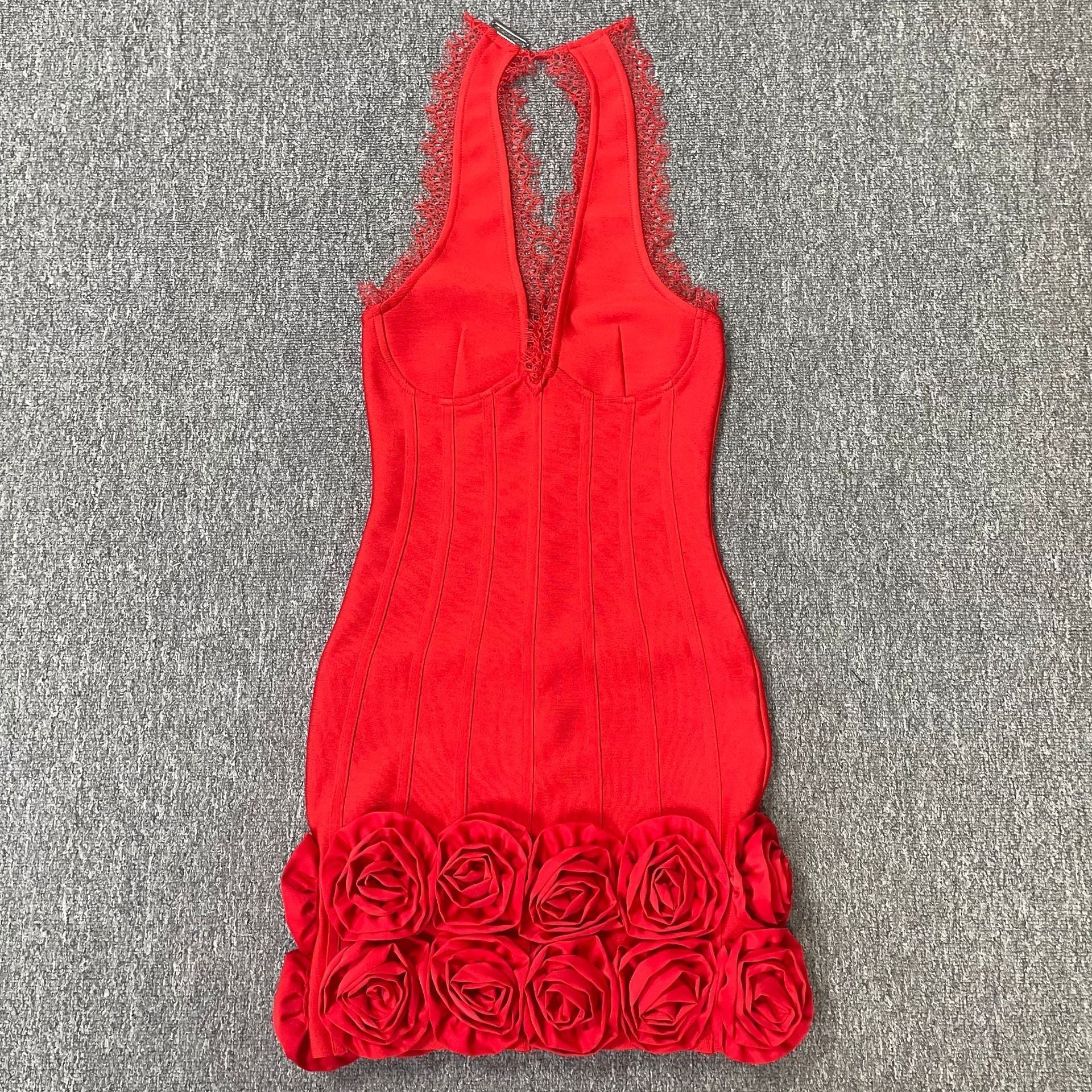 Sequin Halter Neck Flower Bandage Mini Dress in Red