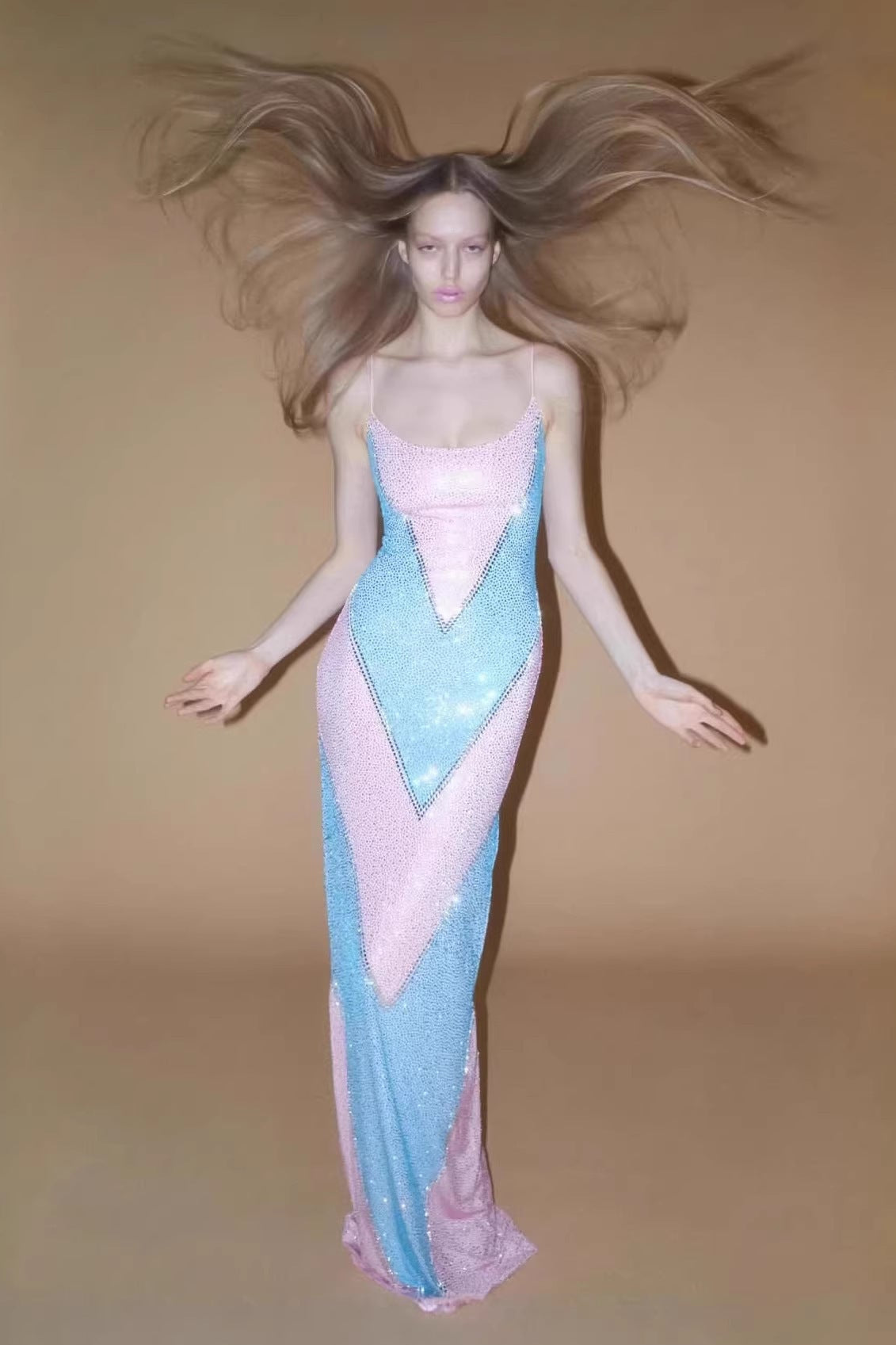 Fully Rhinestoned Bodycon Maxi Dress - Blue & Pink