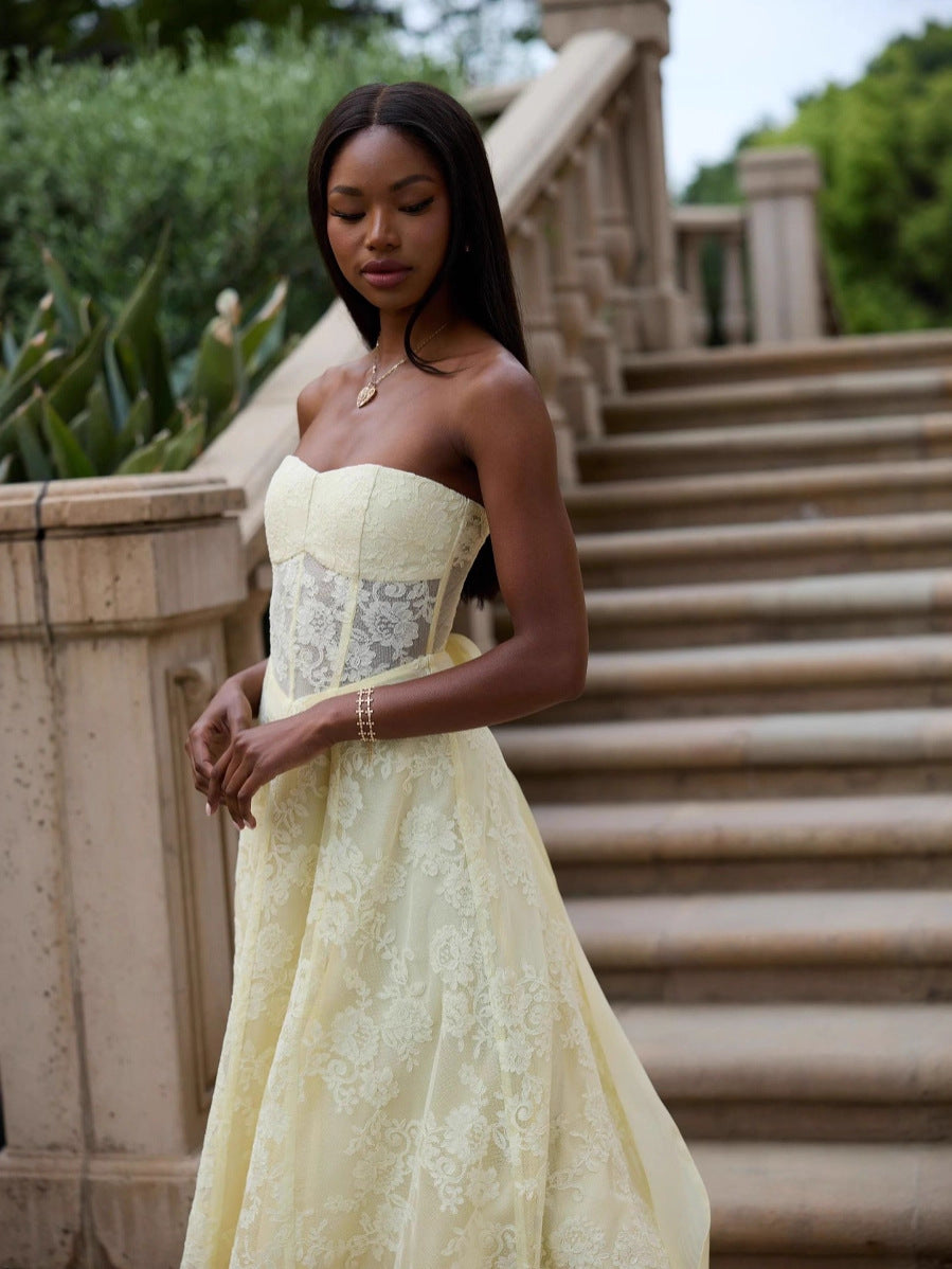 Yellow European American Style Sexy Backless Tie-Wrap Dress