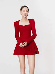 Red Square Neck Long Sleeve A-Line Mini Dress