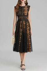 3D Embroidered Lace Mesh Midi Dress in Black