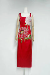 Square Neck Flower Embroidery Satin Maxi Dress in Red