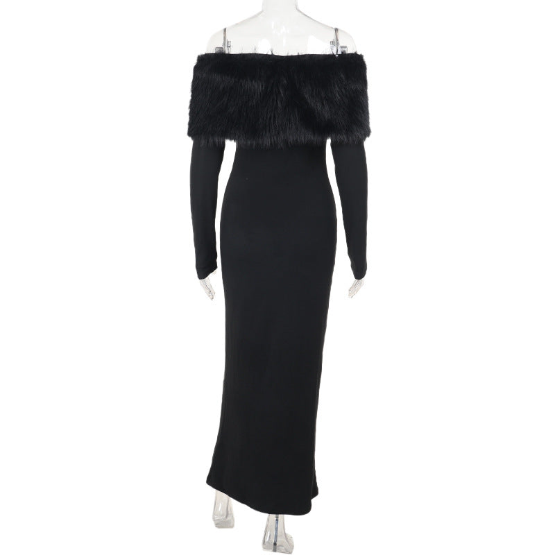 Furry Embellished Bodycon Midi Dress in Black
