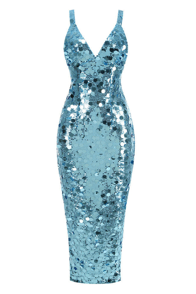 Sequin Deep V Maxi Dress in Blue