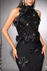 3D Flower Sequin Halter Bandage Maxi Dress in Black