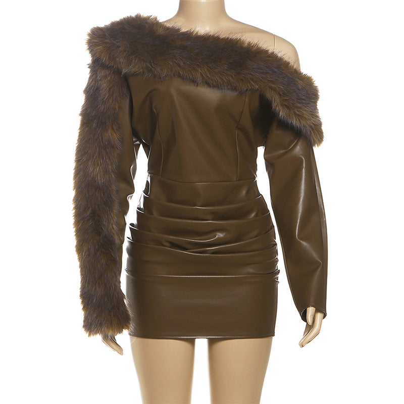 Leather Fur Collar Asymmetrical Mini Dress in Brown