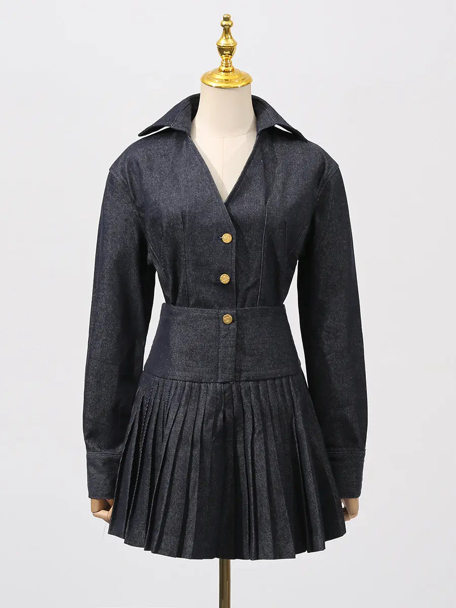 Single-breasted Top Skirt in Navy Blue