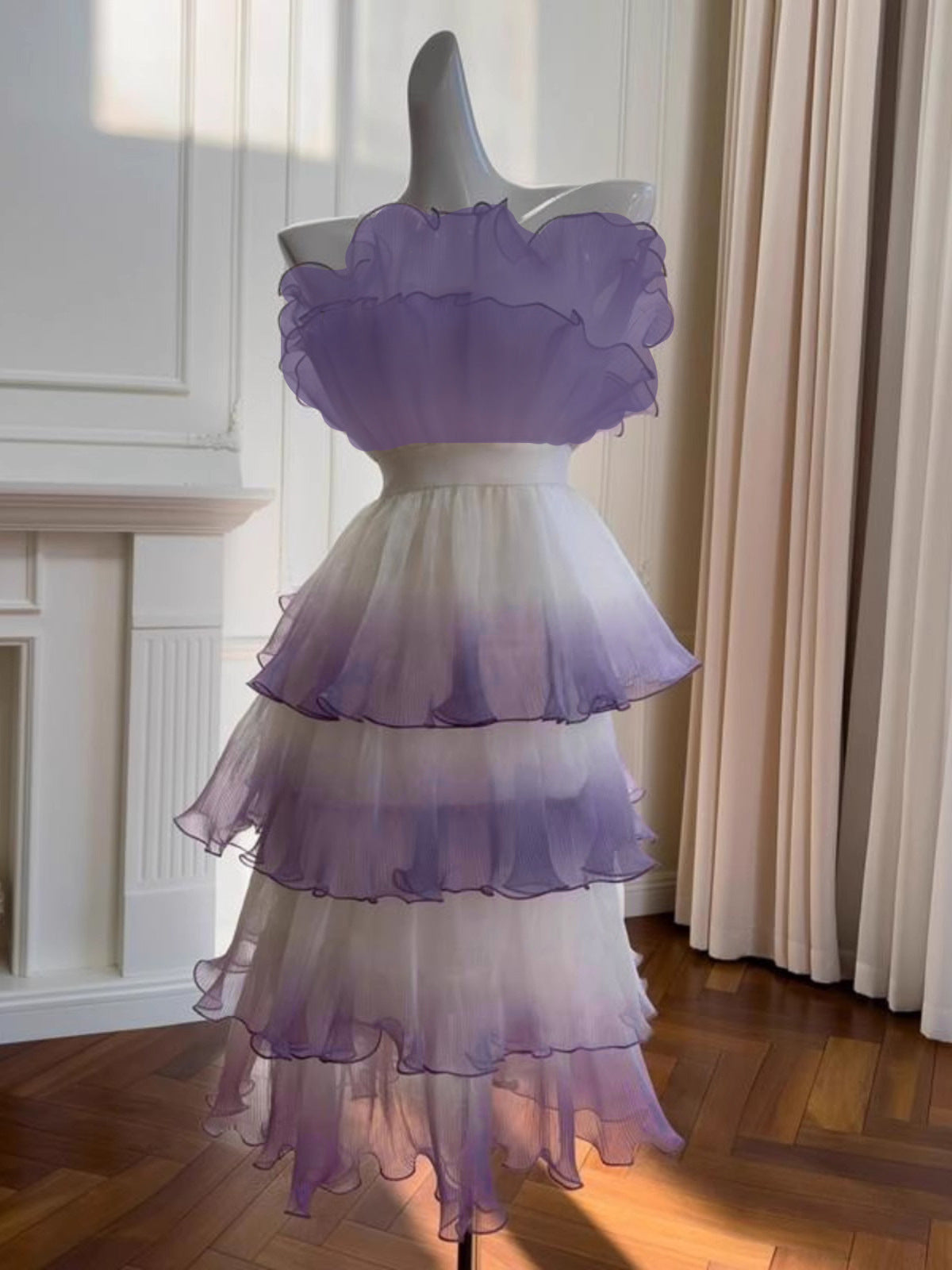 Purple Gradient Ruffle Trim Layered Mini Dress