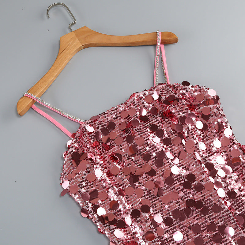 Strappy Sequin Embellished Mini Dress in Pink