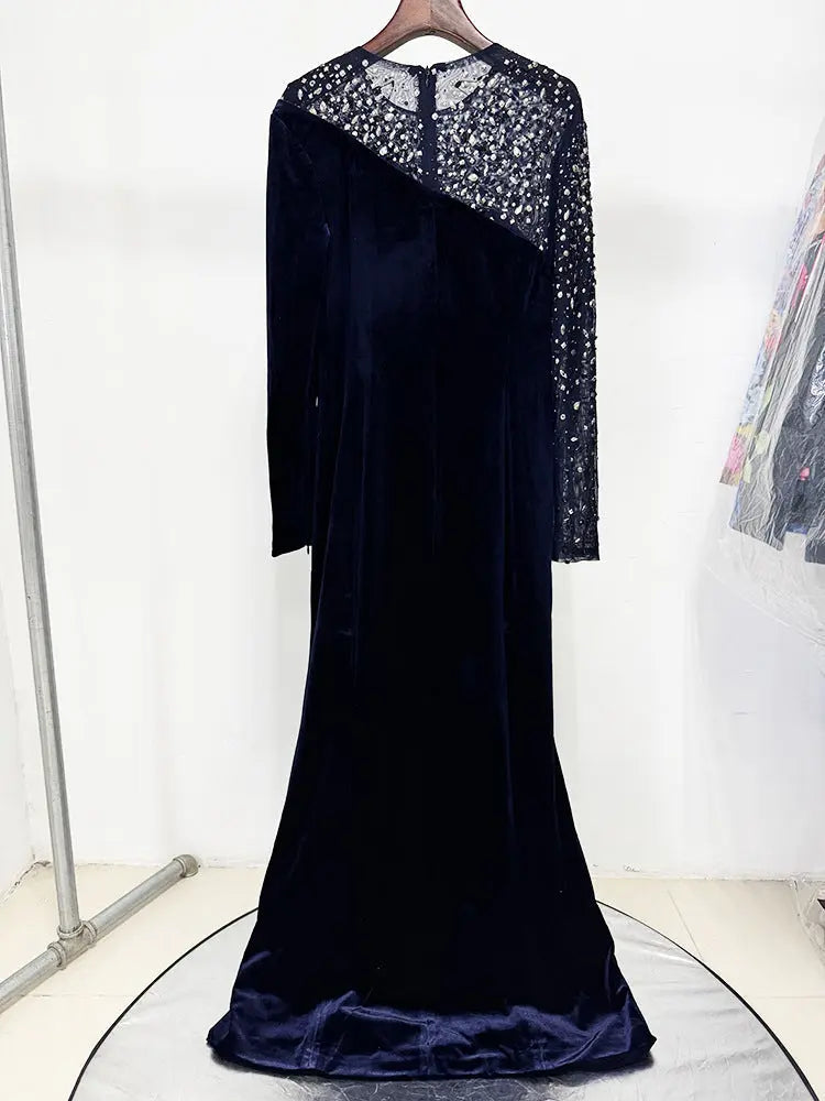 Crystal Patchwork Column Maxi Dress in dark blue