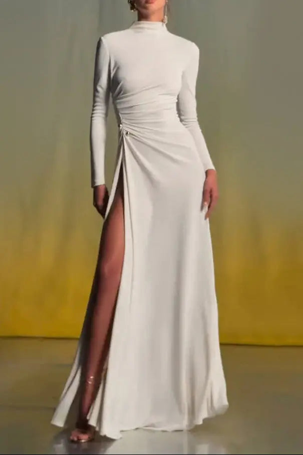 Double Ball Long-Sleeve High-Maxi Dress in White