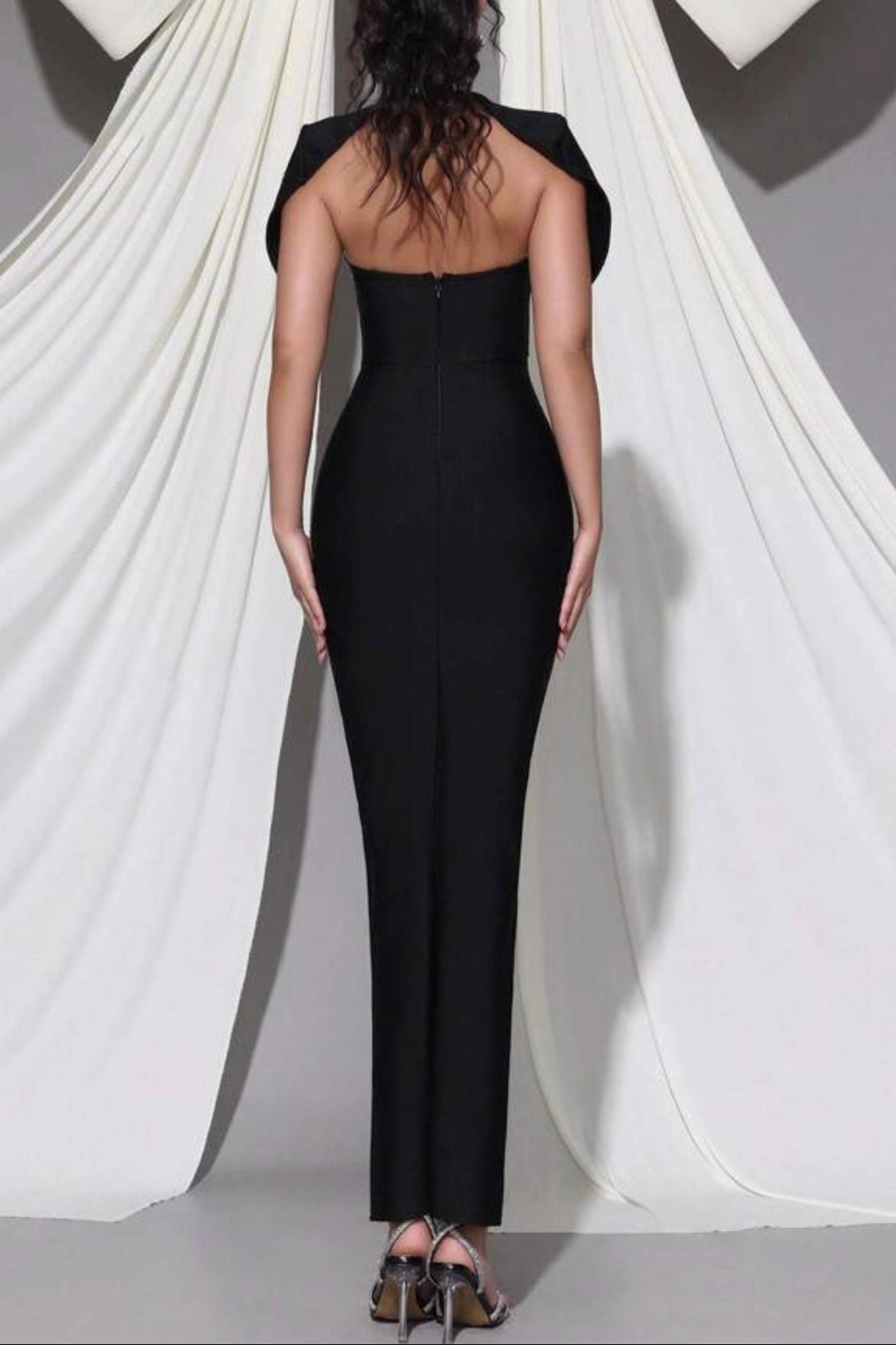 Black Shawl-Embellished Diamond Bandage Maxi Dress