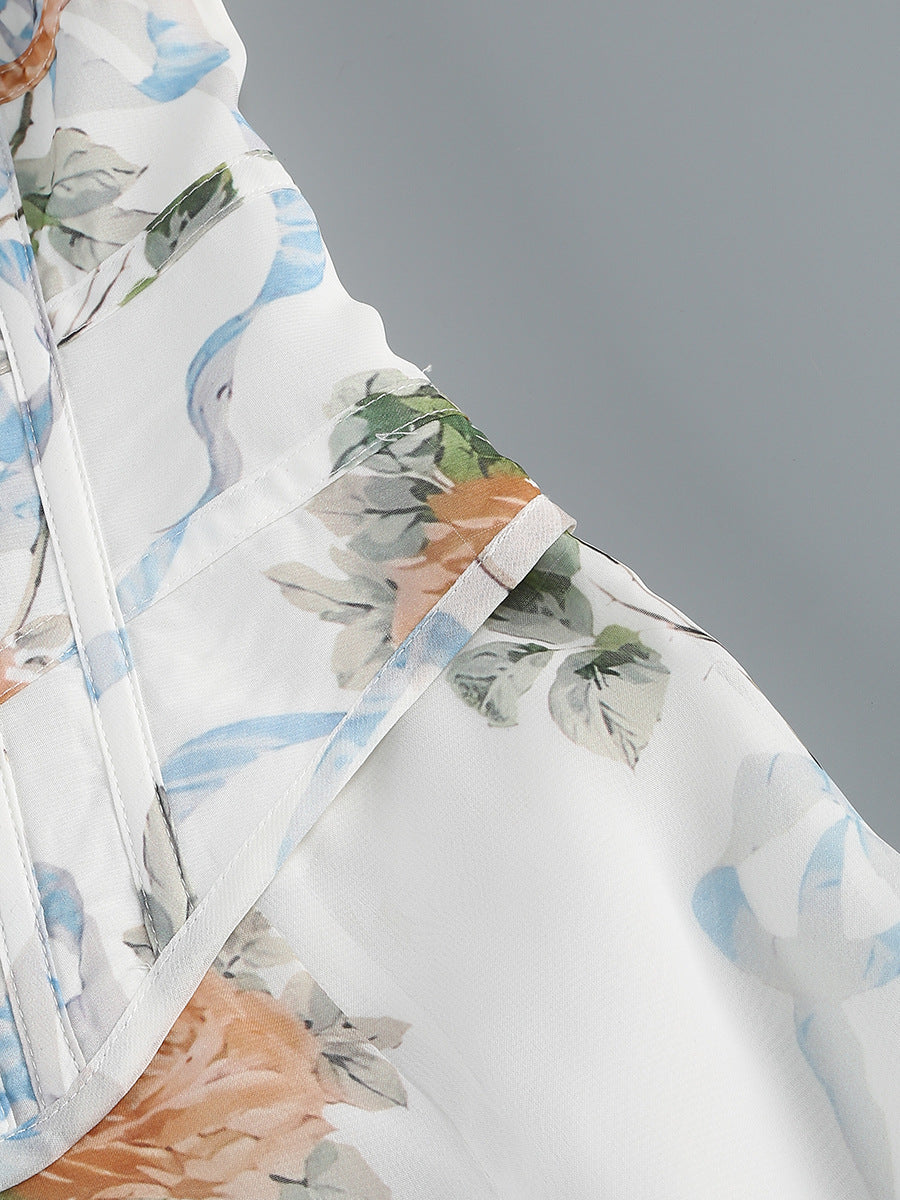 White Floral Print Fitted Corset Maxi Dress