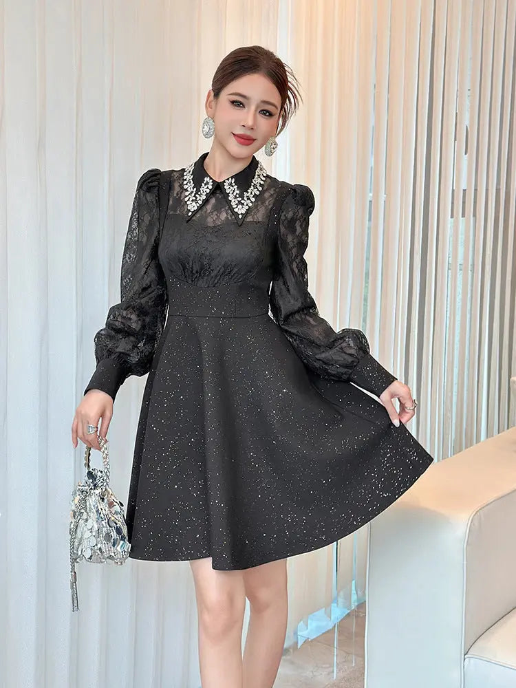 Black Rhinestone Collar Neck Lace Hollow Sleeve Mini Dress