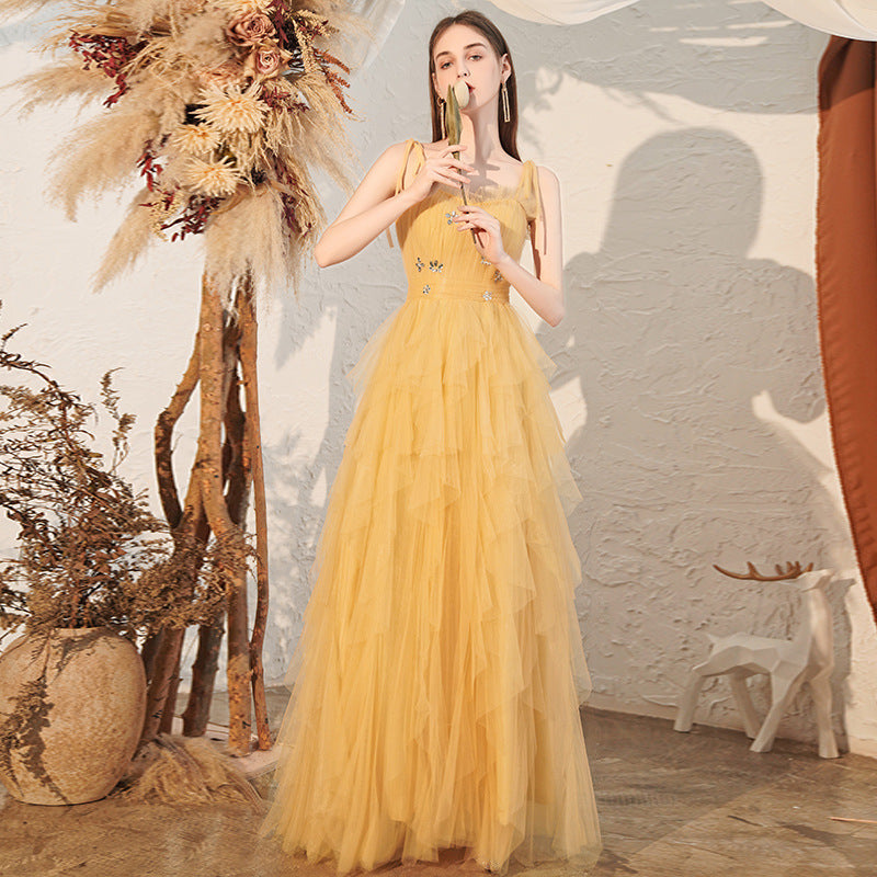 Rhinestone Embellished Maxi Dress - Yellow