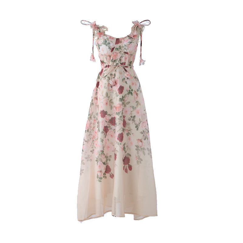 Floral Print Strap Midi Dress with 3D Flower Appliques