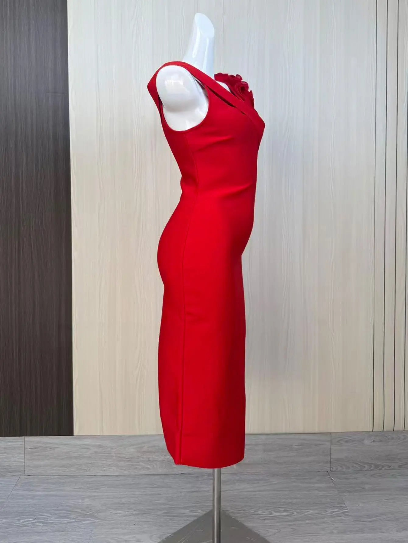 Red 3D Flower Bandage Midi Dress