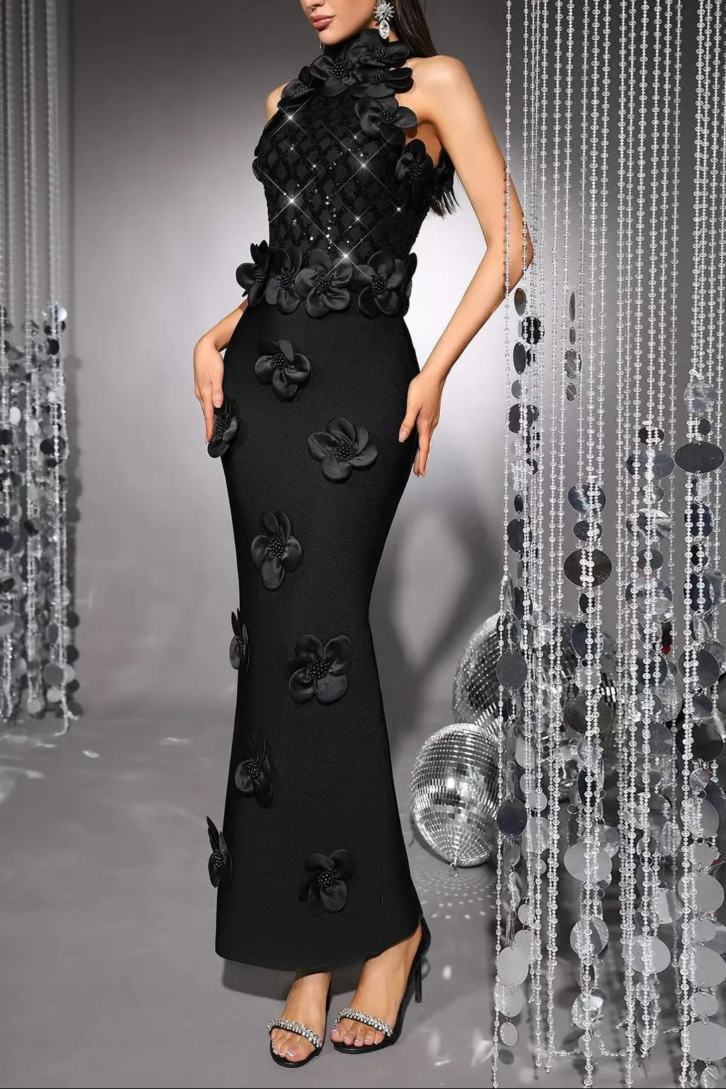 3D Flower Sequin Halter Bandage Maxi Dress in Black