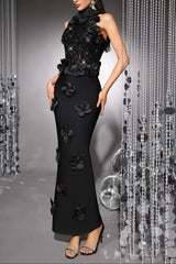 3D Flower Sequin Halter Bandage Maxi Dress in Black