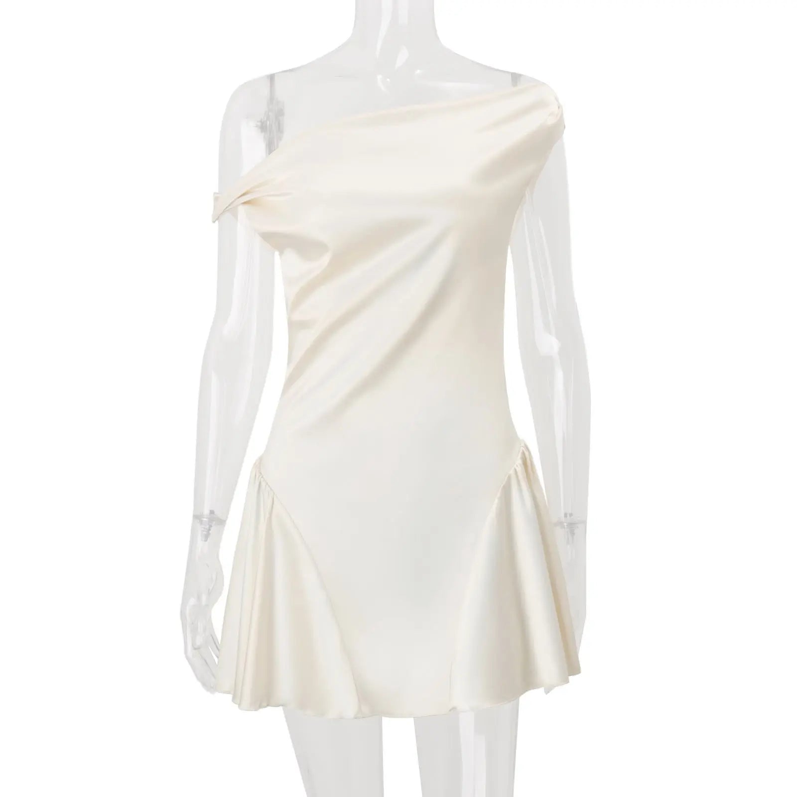 Satin Ruched Mini Dress in Cream White