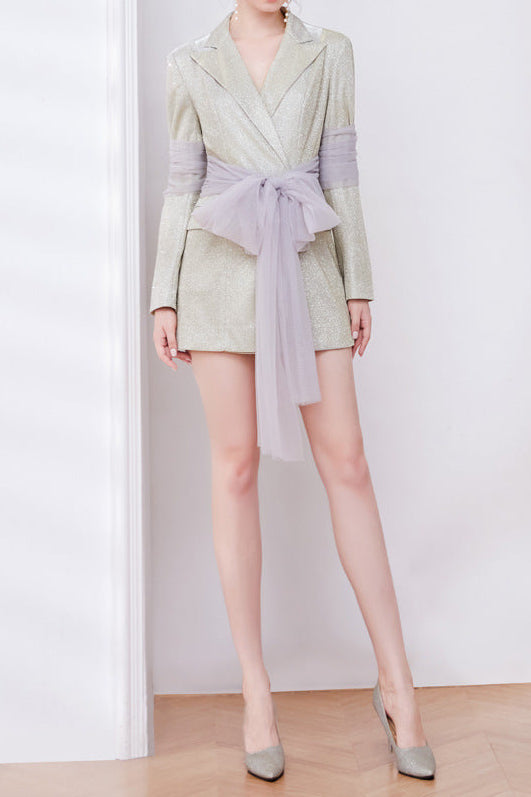 Mesh Ribbon Blazer Dress in Champagne