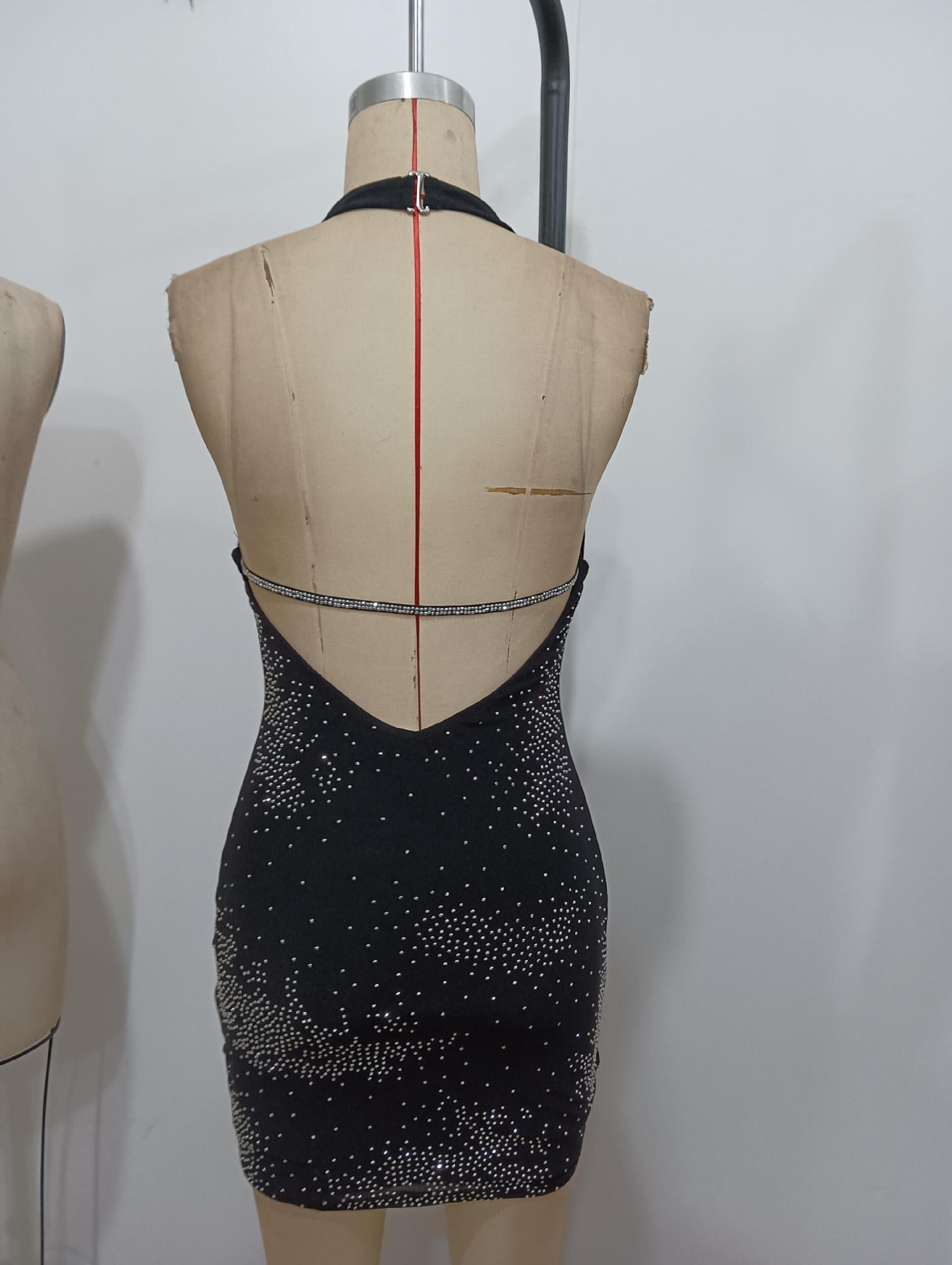 Halter V-Neck Sequin Bodycon Mini Dress in Black
