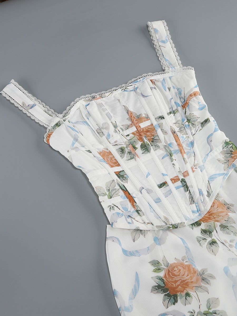 White Floral Print Fitted Corset Maxi Dress