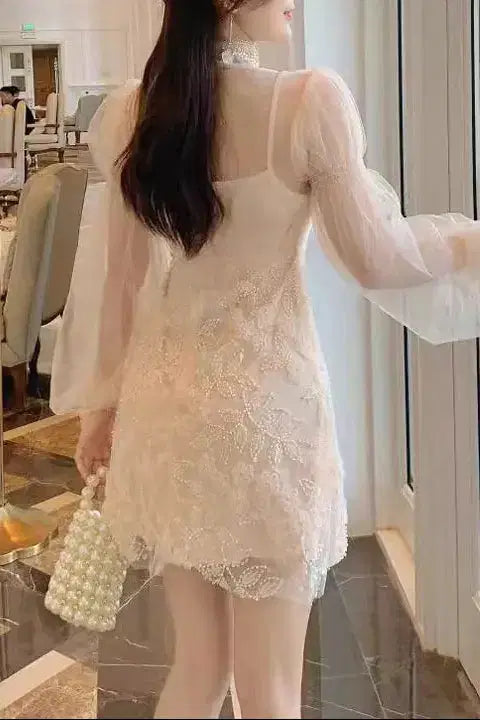 Floral Bead Embroidery Mini Dress in Apricot