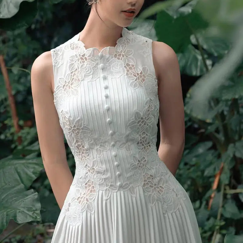 Lace Embroidery Midi Dress in White