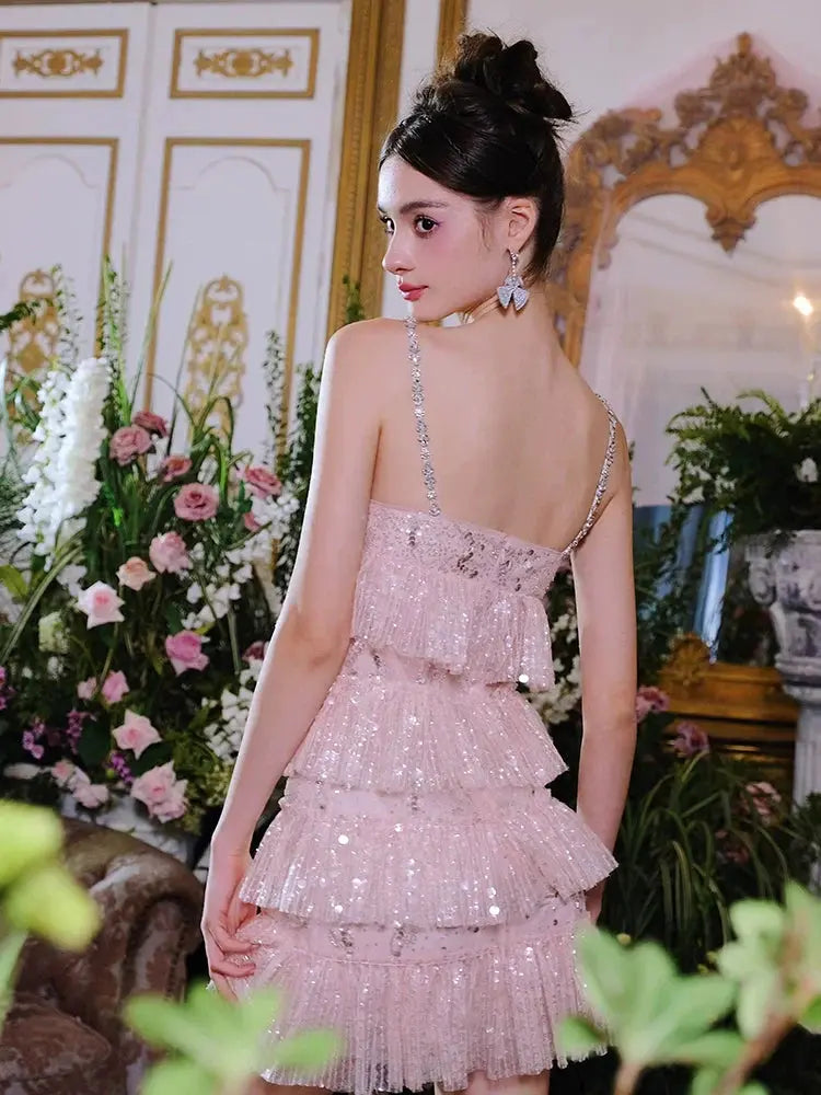 Pink Sleeveless Sequin Ruffle Short Dinner Dress