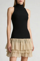 Black Ruched Trim Sleeveless Puffy Mini Dress
