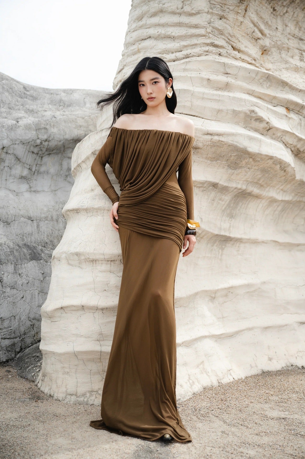 Cara Off-Shoulder Long Sleeve Mesh Maxi Dress in Brown