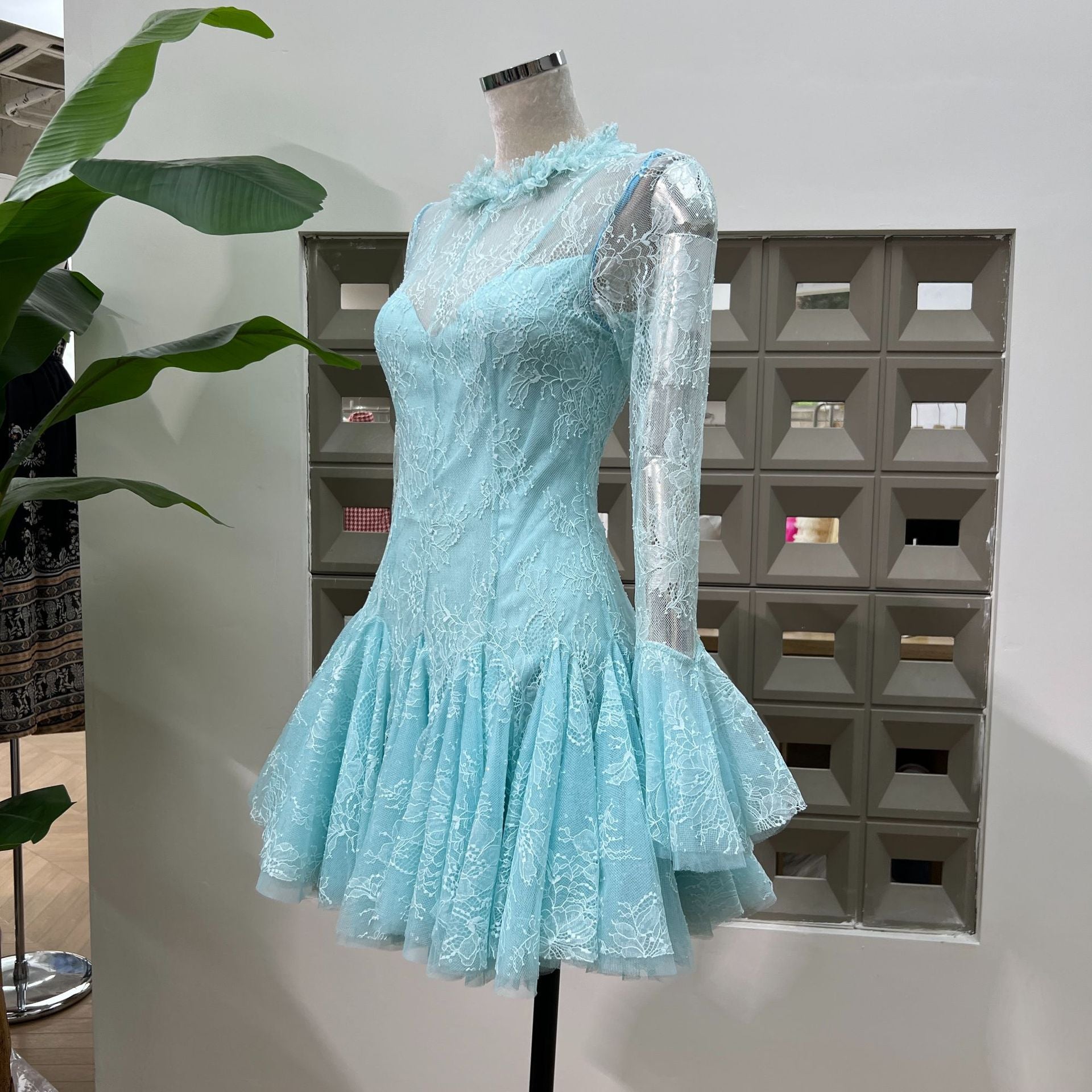 Blue Embroidered Mini Dress
