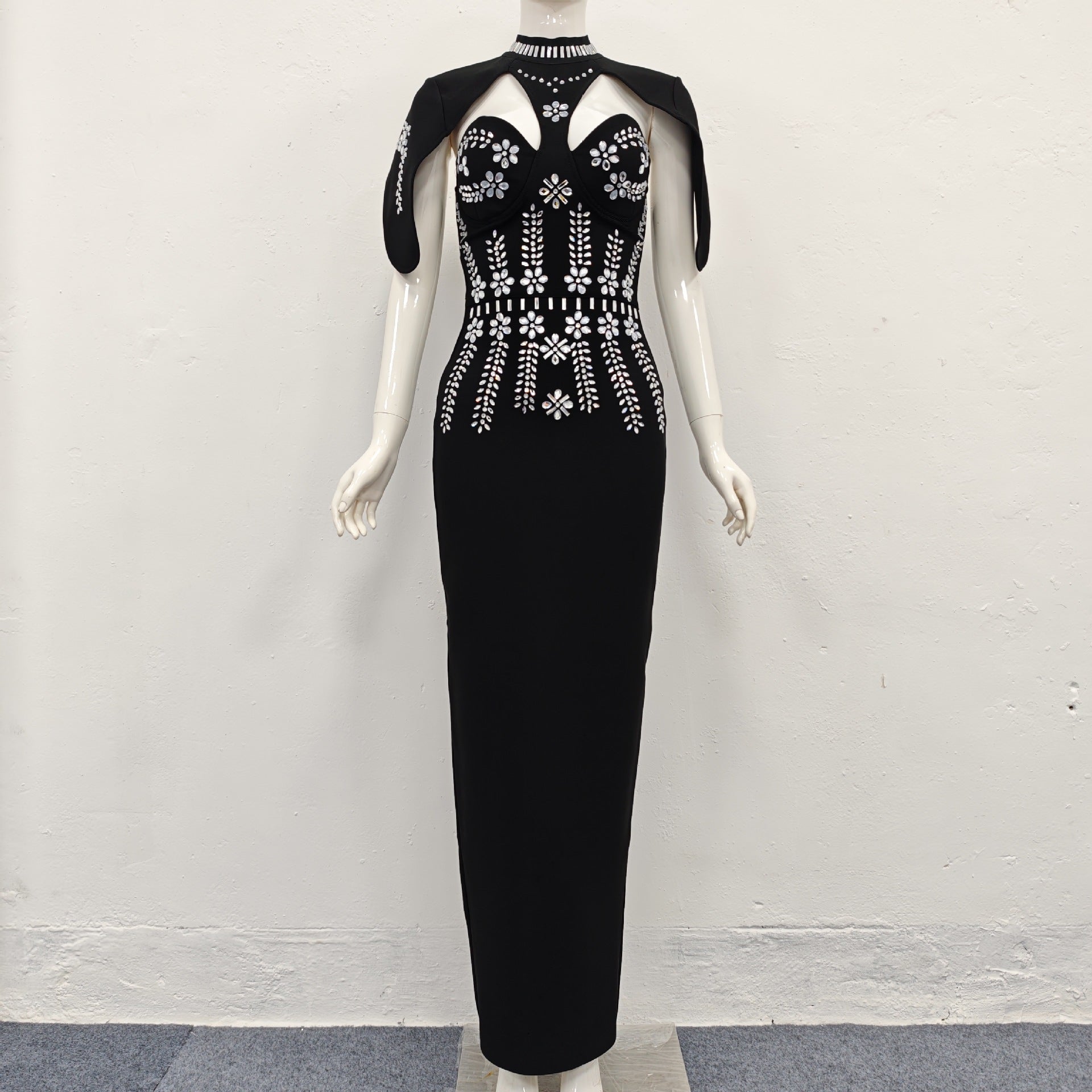 Black Shawl-Embellished Diamond Bandage Maxi Dress