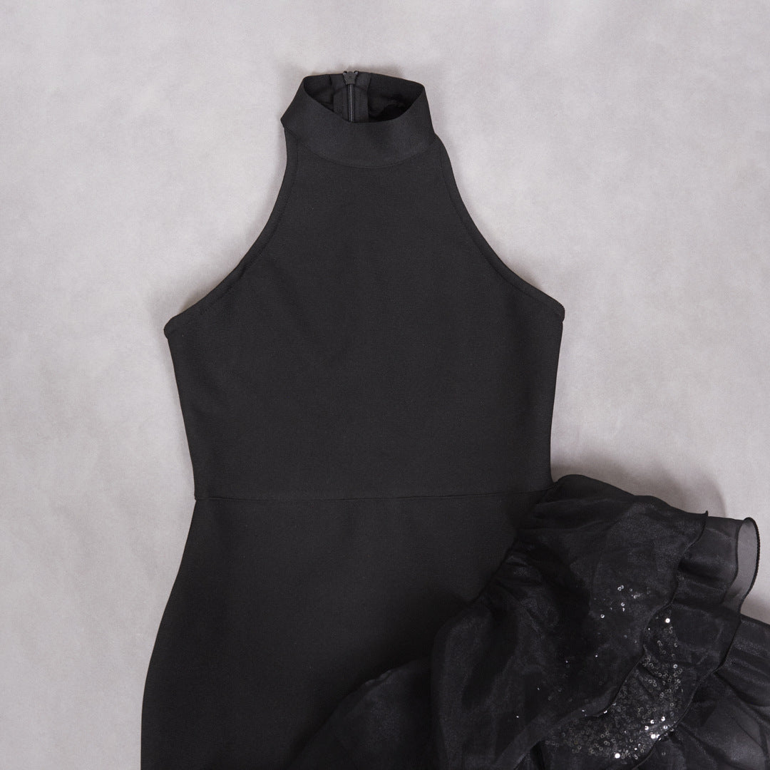 Halter Sleeveless Sequin Ruffle Trim Maxi Dress in Black
