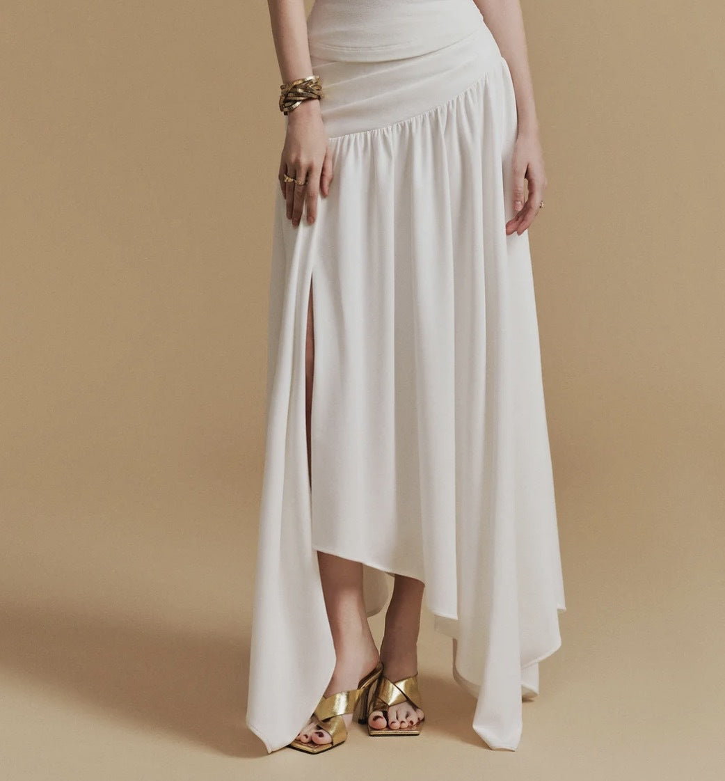 Asymmetrical Ruched Top Midi Skirt Set in White
