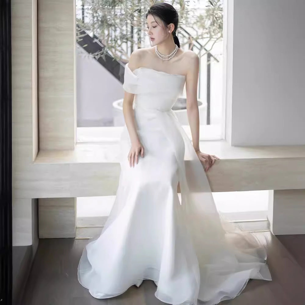 White French-Style one-Shoulder Maxi Dress