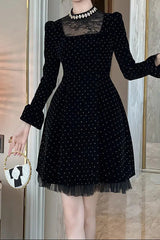 Polka Dots Long Sleeve Mini Dress in Black