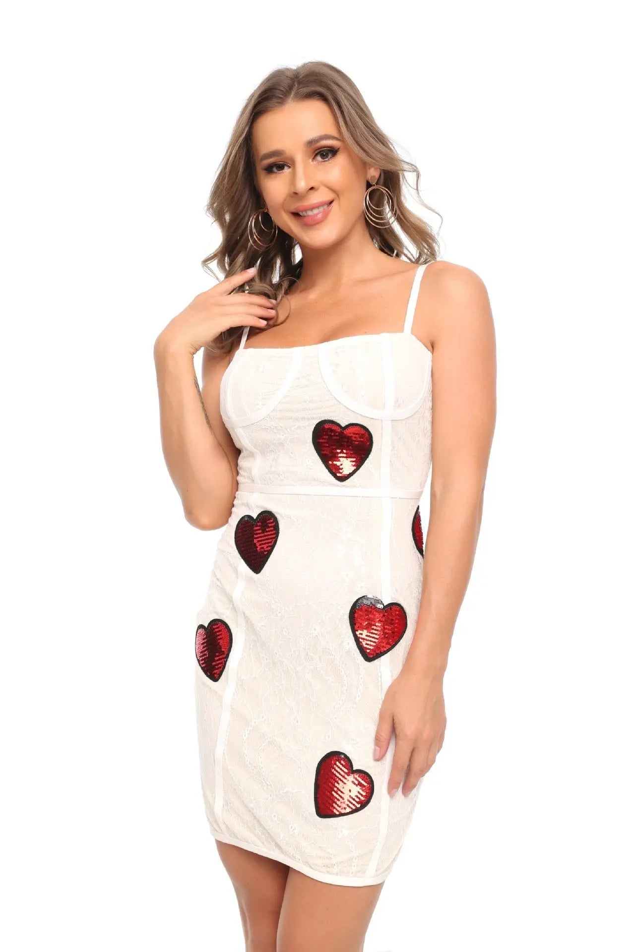 Sequin Heart Embroidery Lace Mini Dress in White