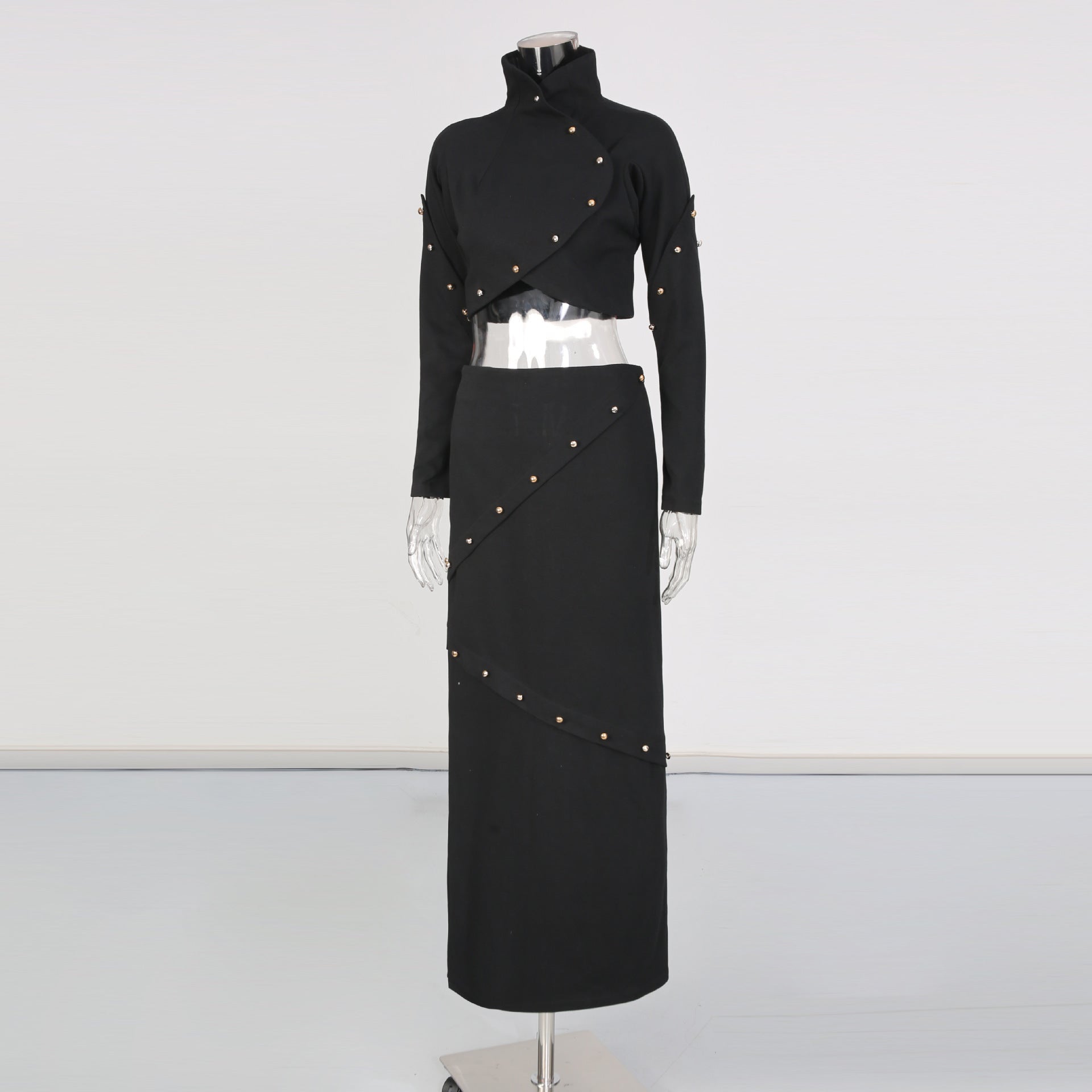 Button-Embellished Cotton-Jersey Top Maxi Skirt Suit in Black