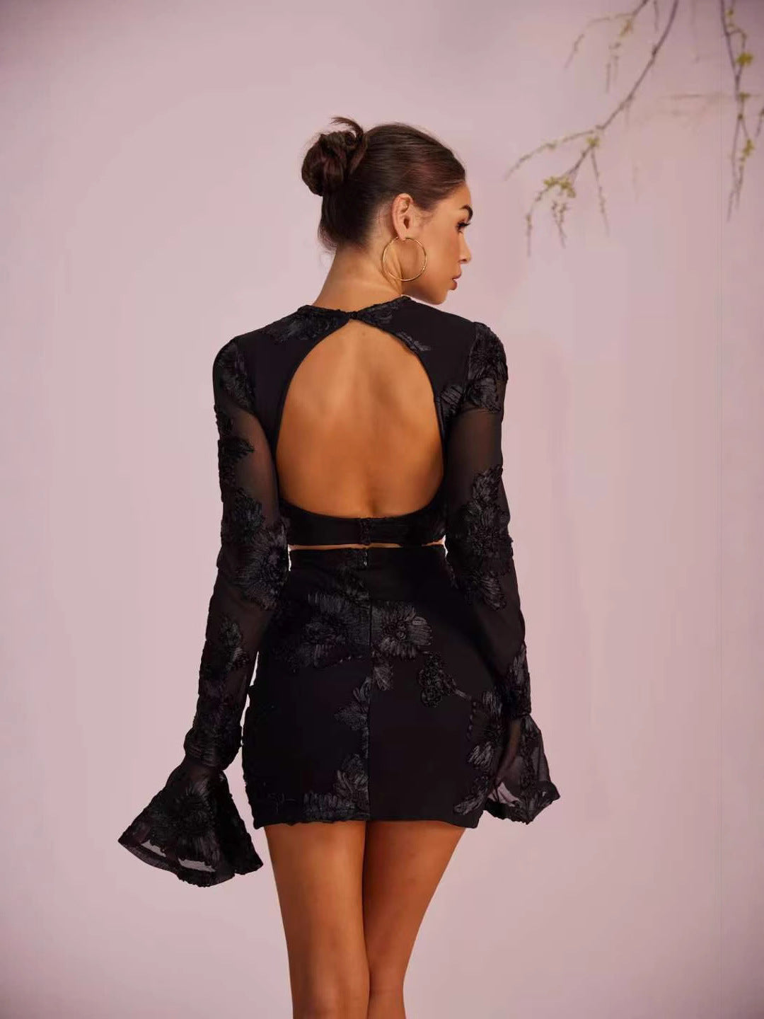 Two-Piece Embroidered Floral Backless T-shirt and Skirt Set-Black