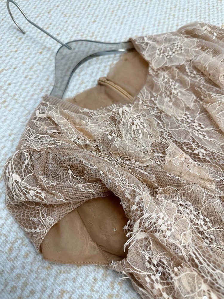 Sequin Lace Patchwork Mesh Maxi Dress in Brown
