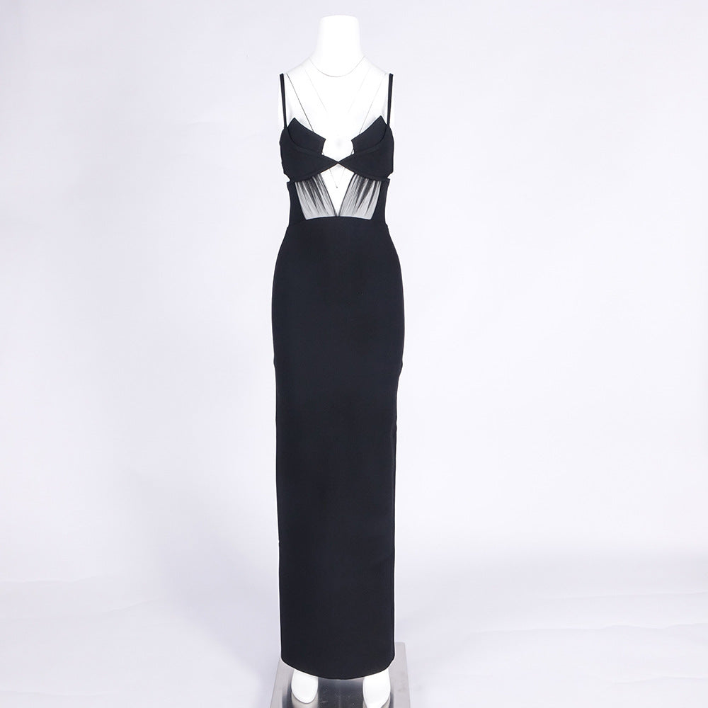 Back Knitted Bandage Maxi Dress in Black