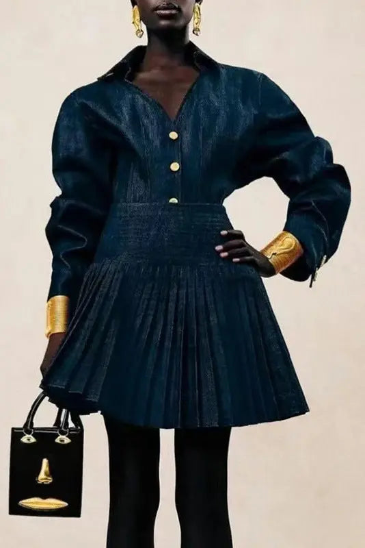 Single-breasted Top Skirt in Navy Blue