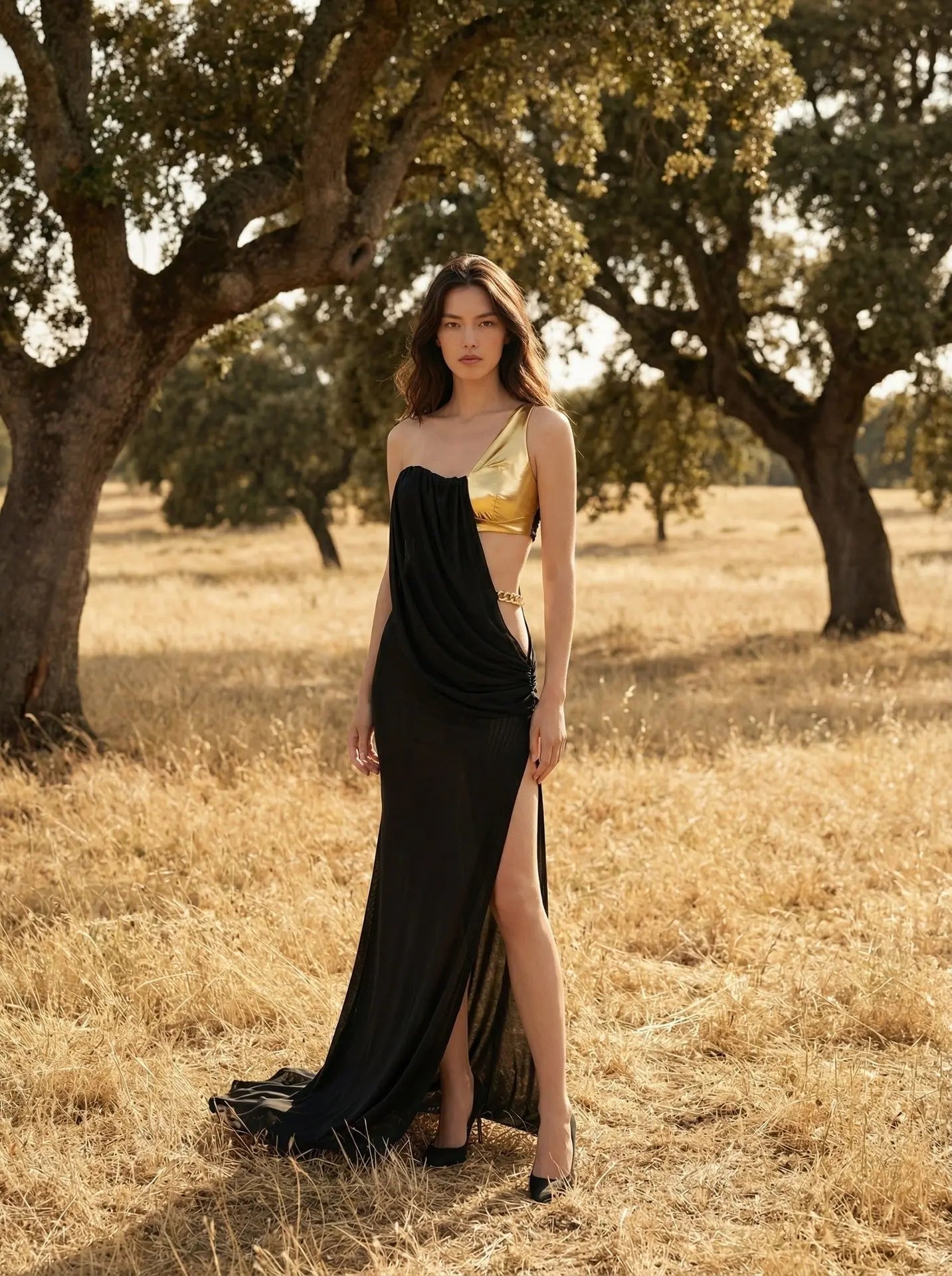 One-Shoulder Metal Chain Decoration Maxi Dress in Black