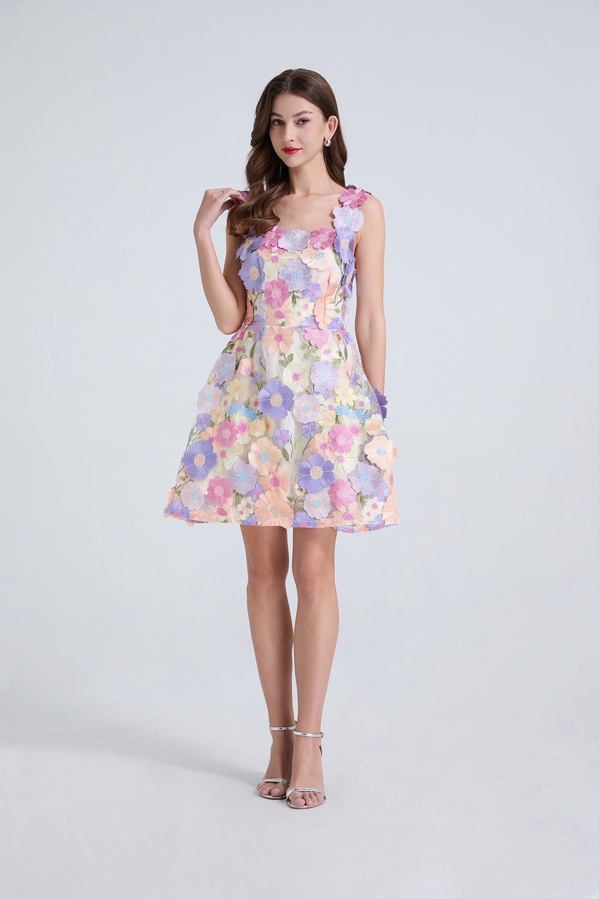 3d Floral Lace Mini Dress in Purple