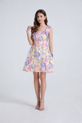 3d Floral Lace Mini Dress in Purple